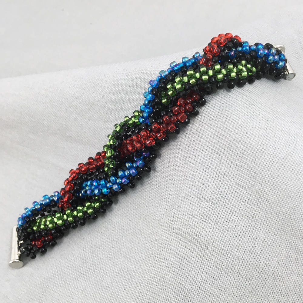 Black, Red, Green and Blue Chunky Braided Beaded Bracelet