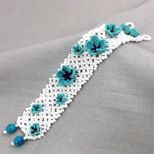 White Beaded Net Bracelet with Turquoise Beaded Flowers