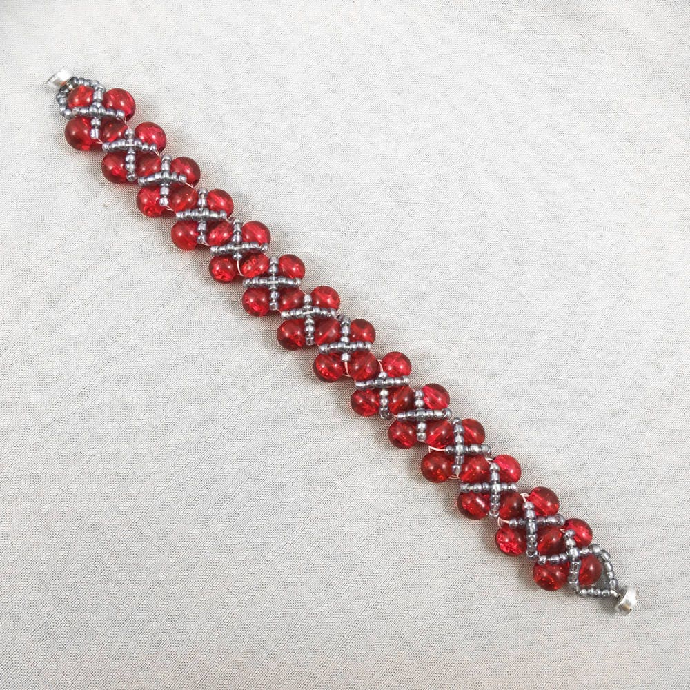 Red Glass Beaded Bracelet with Silver Beads Criss Cross