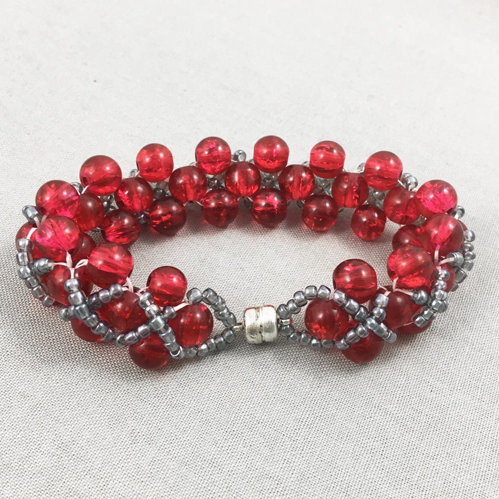 Red Glass Beaded Bracelet with Silver Beads Criss Cross