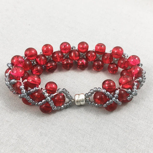 Red Glass Beaded Bracelet with Silver Beads Criss Cross