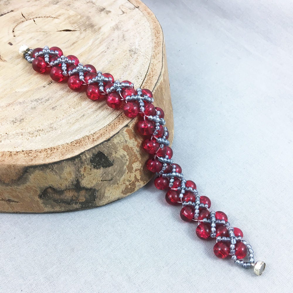 Red Glass Beaded Bracelet with Silver Beads Criss Cross