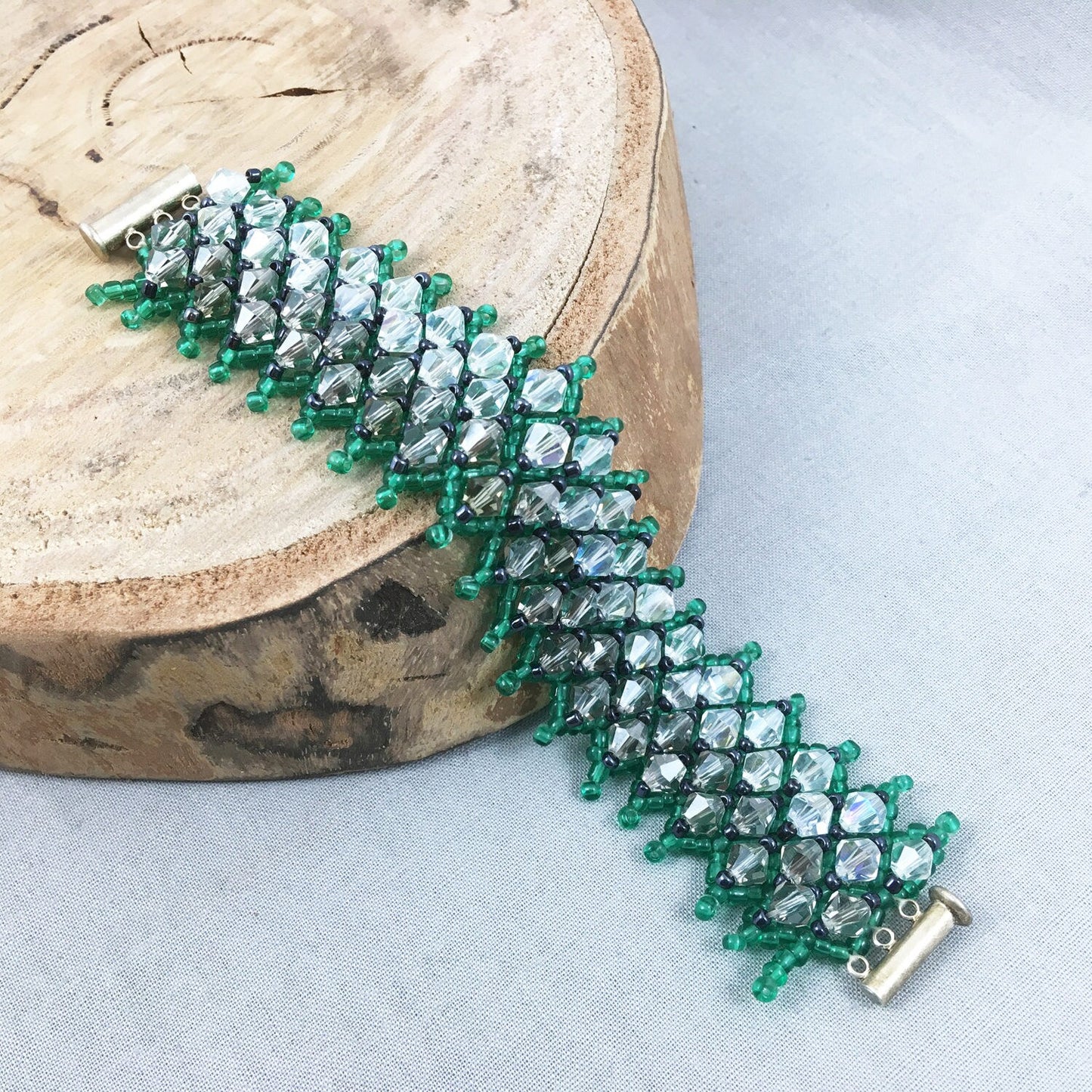 Green Beaded Bracelet with Crystals