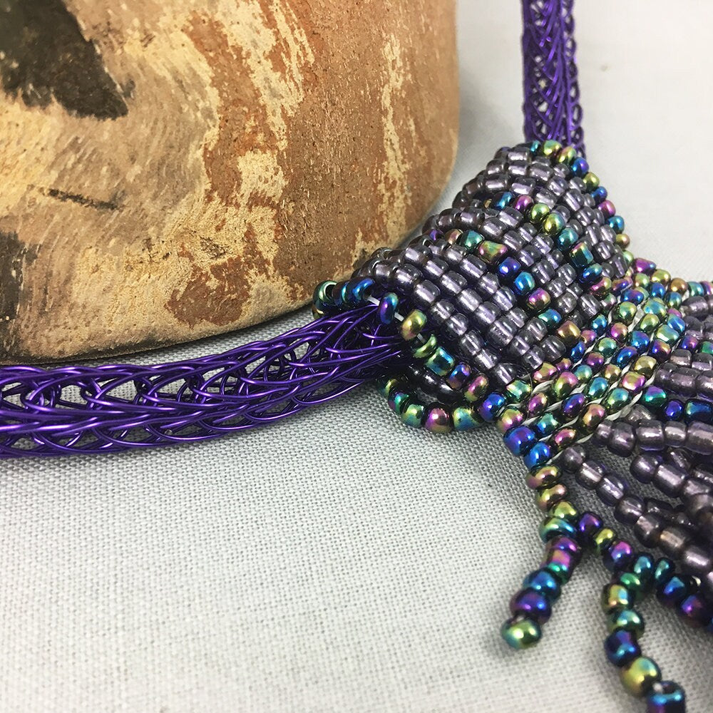 Purple Beaded Necklace with viking knitted purple wire necklace