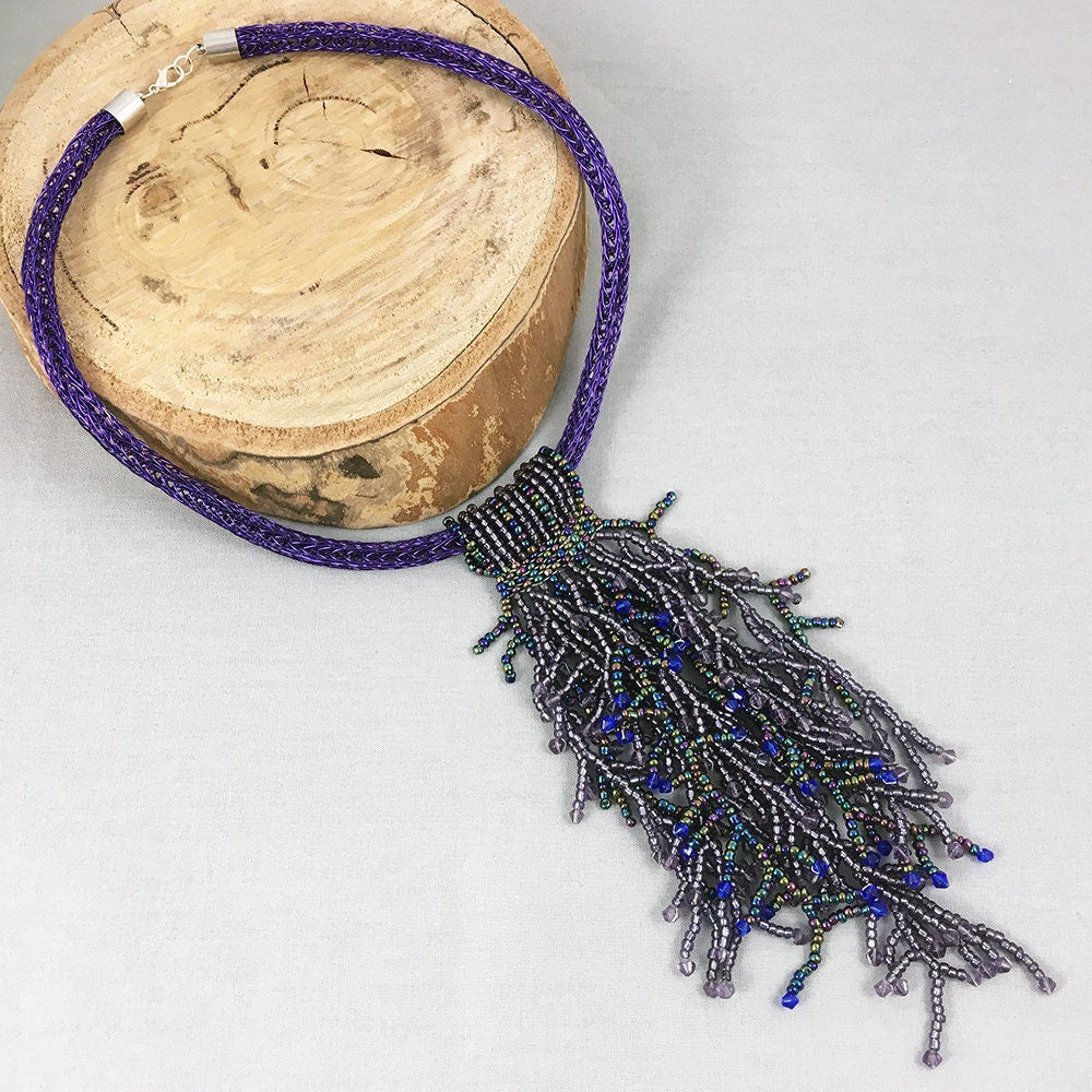 Purple Beaded Necklace with viking knitted purple wire necklace