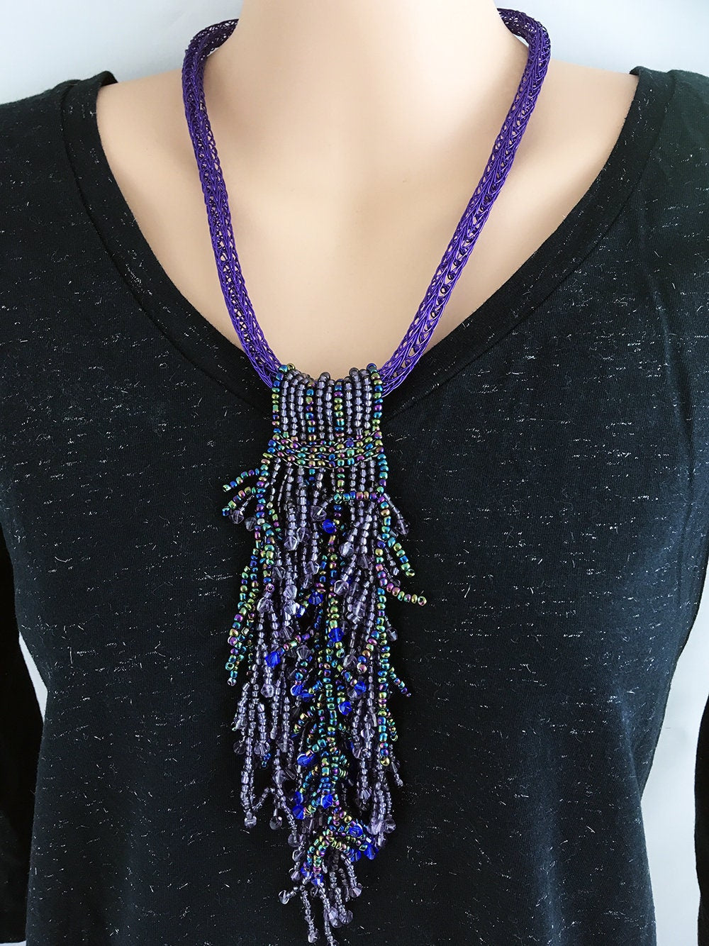 Purple Beaded Necklace with viking knitted purple wire necklace