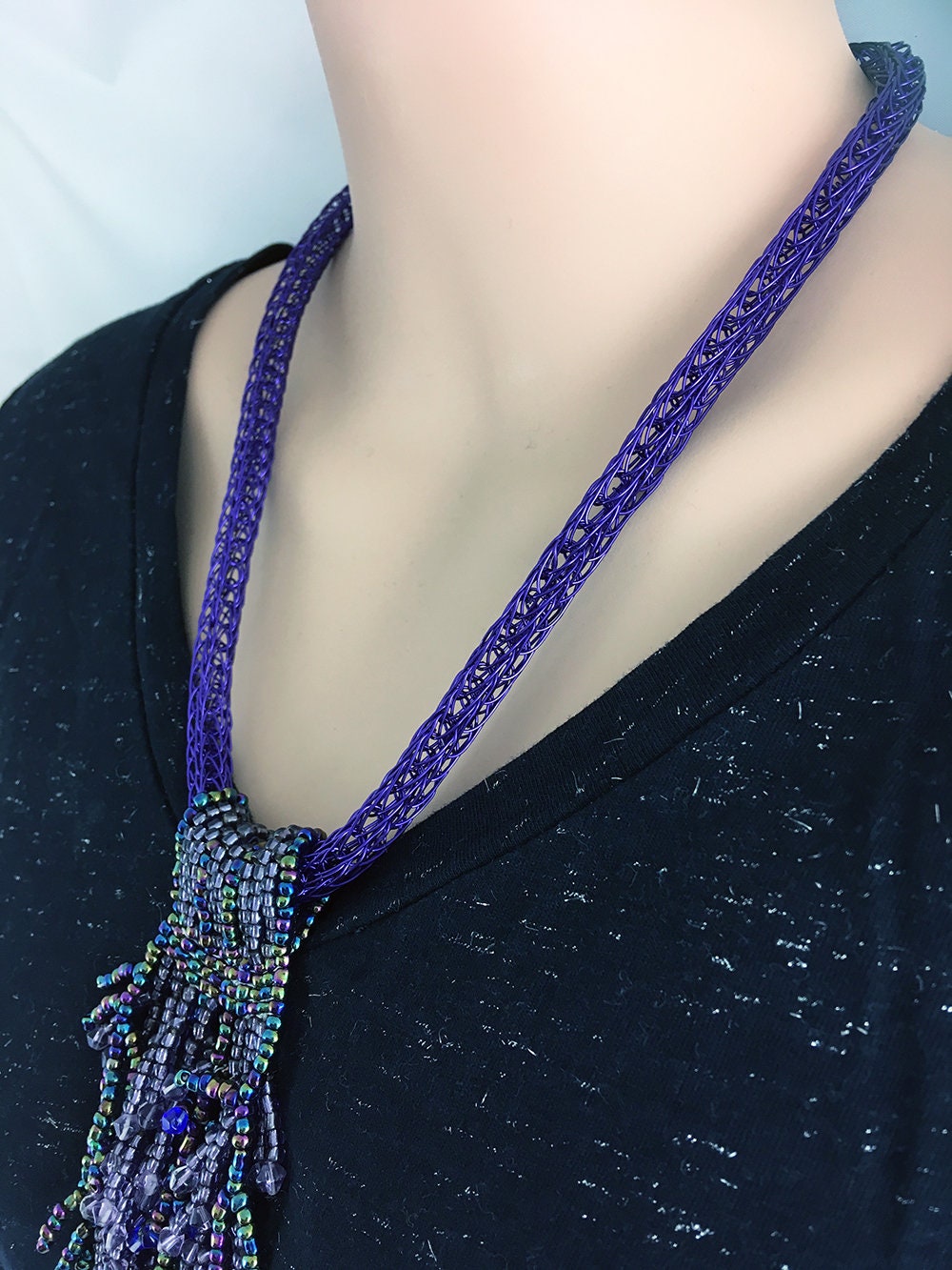 Purple Beaded Necklace with viking knitted purple wire necklace