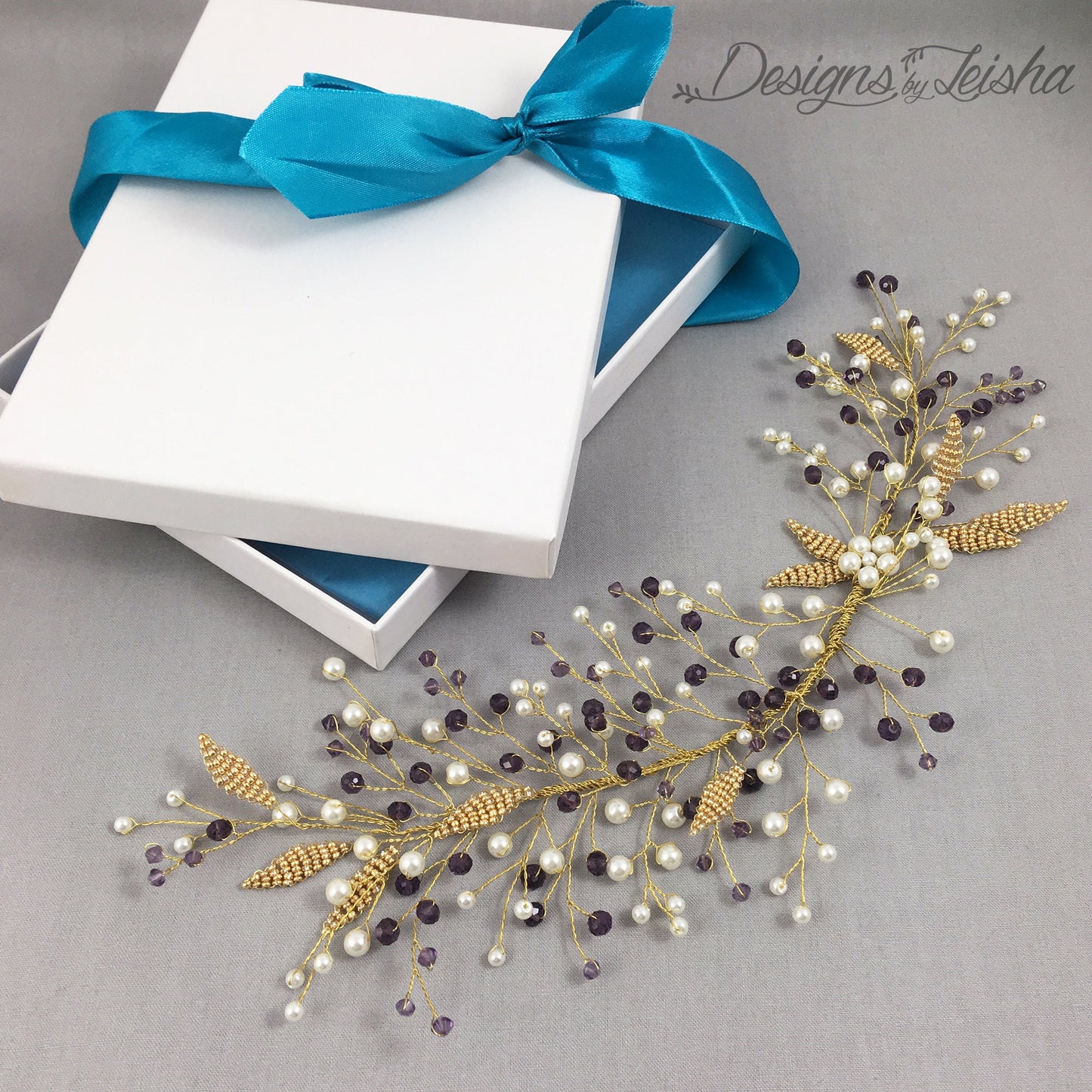 Gold Leaves, White Pearls & Purple Crystals Hair Accessory