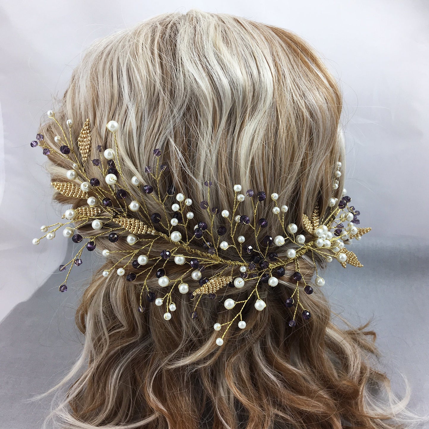 Gold Leaves, White Pearls & Purple Crystals Hair Accessory