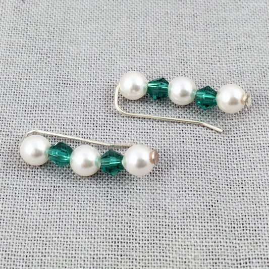 Slide Earrings, Ear Climber Earrings - Pearls, Green, Yellow Crystals