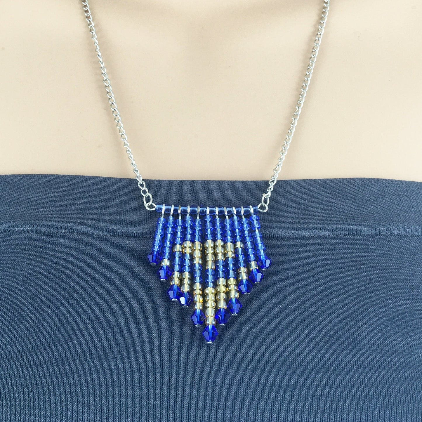 Blue & Yellow Beaded Pendant on chain necklace