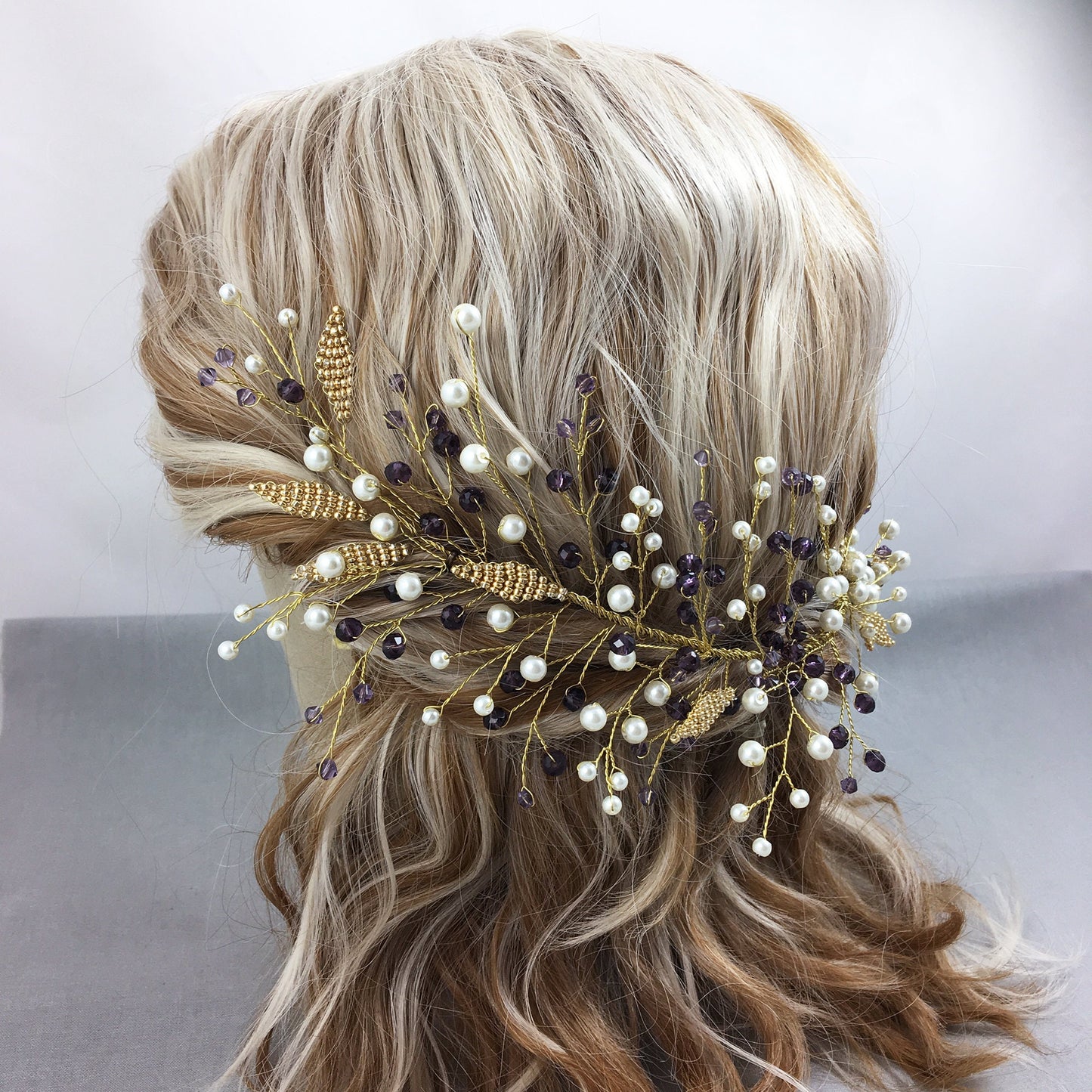 Gold Leaves, White Pearls & Purple Crystals Hair Accessory