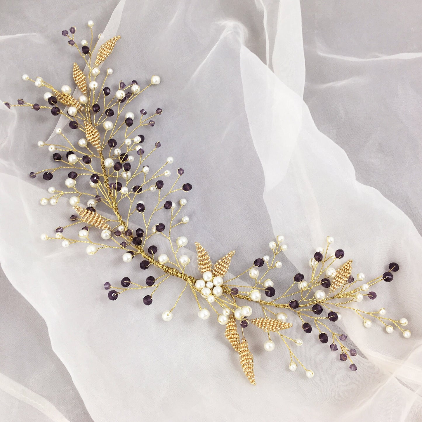 Gold Leaves, White Pearls & Purple Crystals Hair Accessory