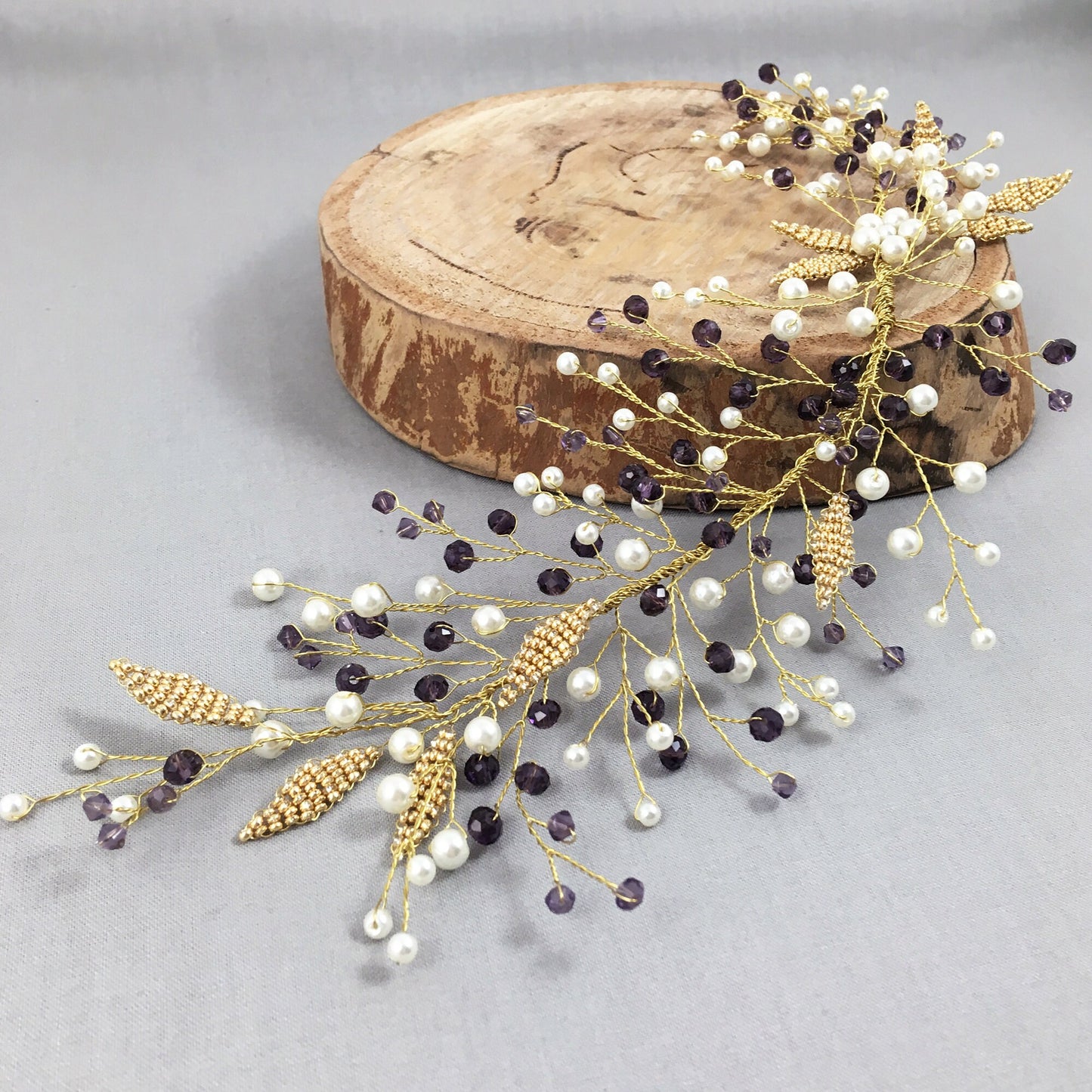 Gold Leaves, White Pearls & Purple Crystals Hair Accessory