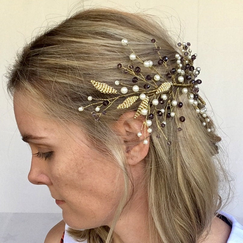 Gold Leaves, White Pearls & Purple Crystals Hair Accessory