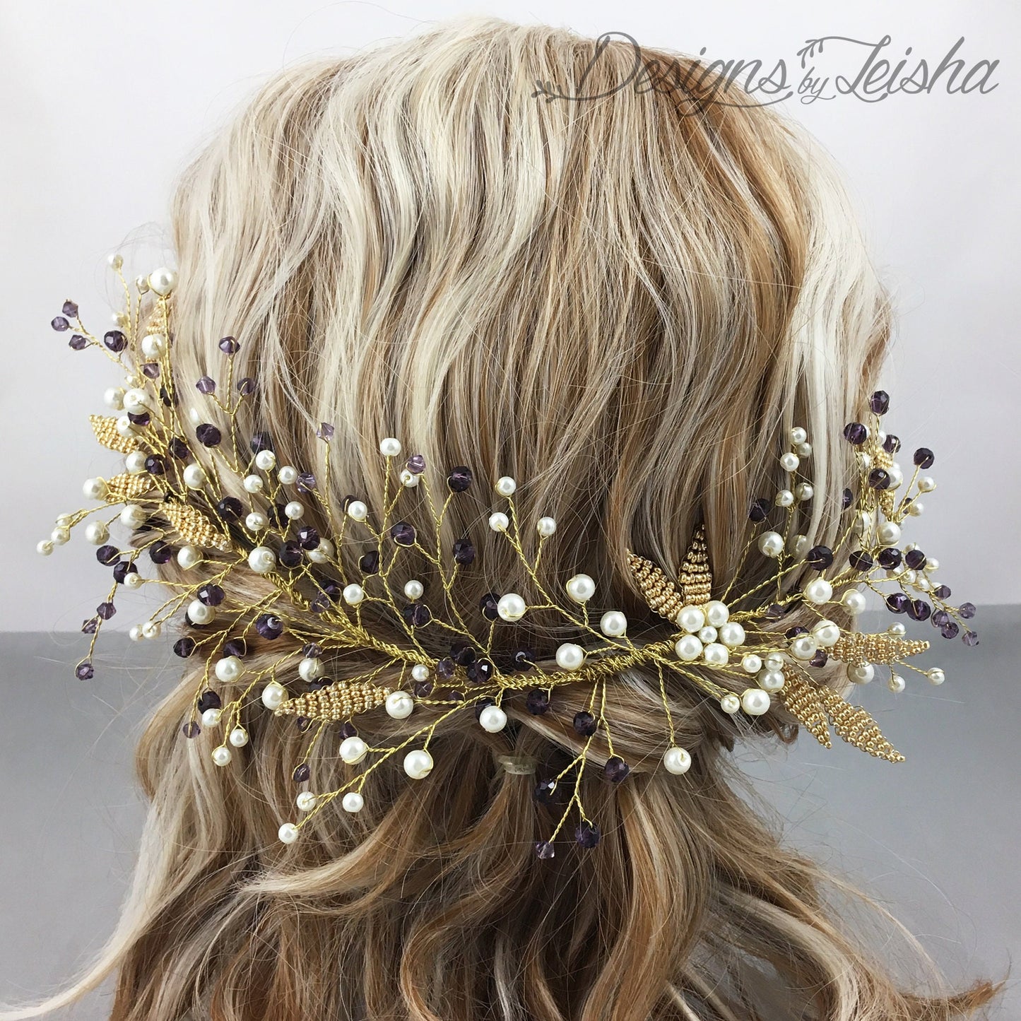 Gold Leaves, White Pearls & Purple Crystals Hair Accessory