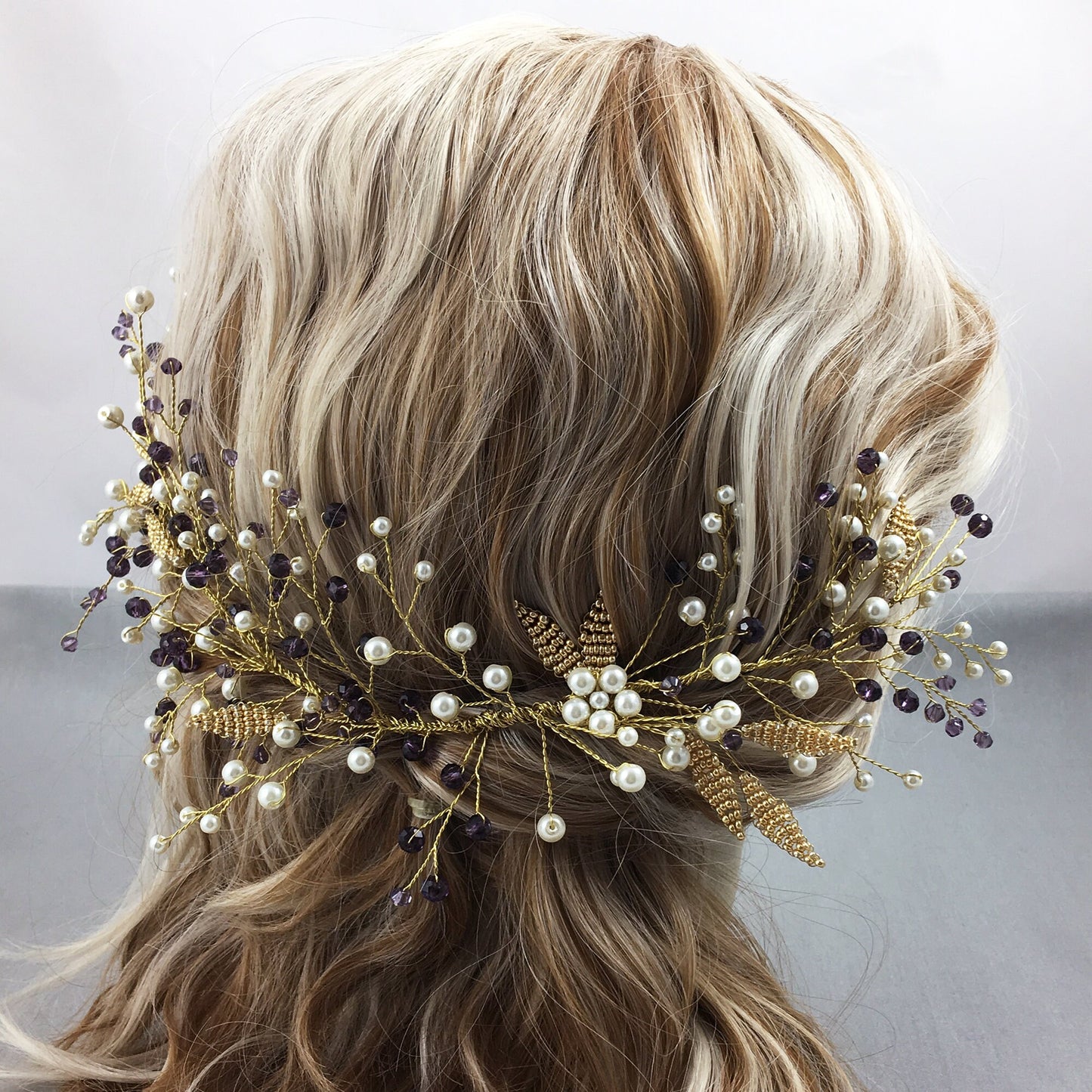 Gold Leaves, White Pearls & Purple Crystals Hair Accessory