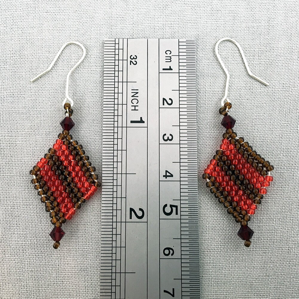 Diagonal Striped Diamond-Shaped Beaded Earrings - yellow, red and blue or brown and red