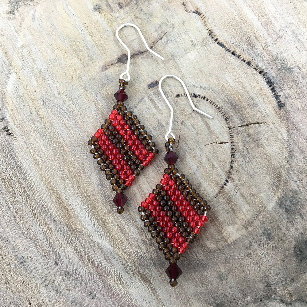 Diagonal Striped Diamond-Shaped Beaded Earrings - yellow, red and blue or brown and red