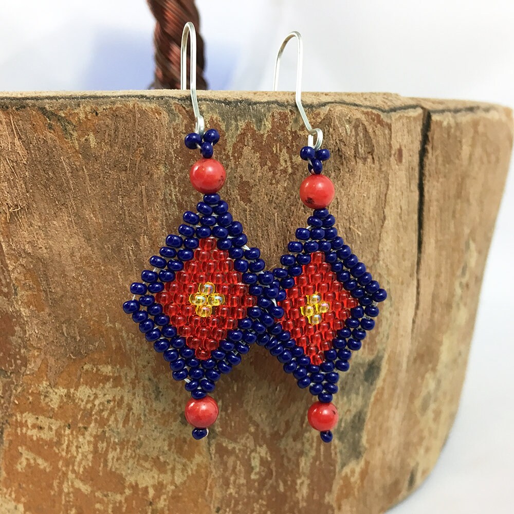 Beaded dangle earrings in red, blue and yellow