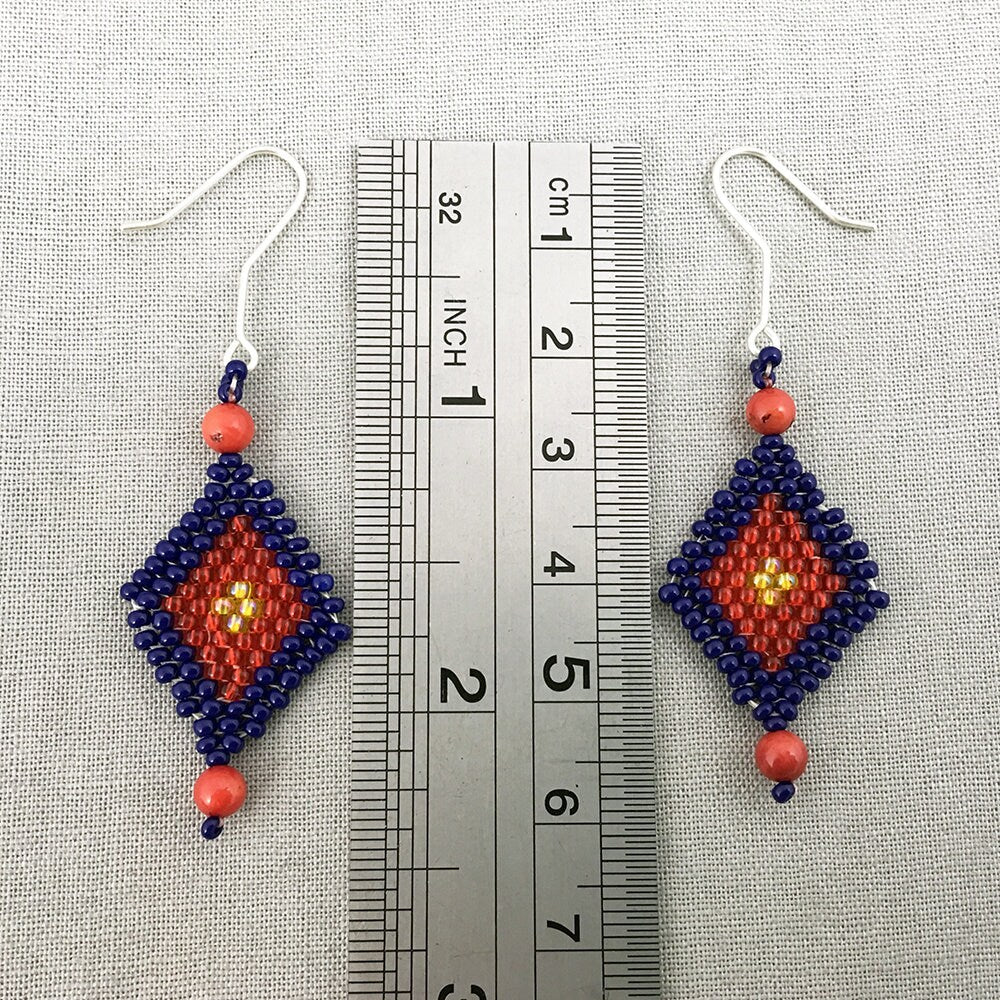 Beaded dangle earrings in red, blue and yellow