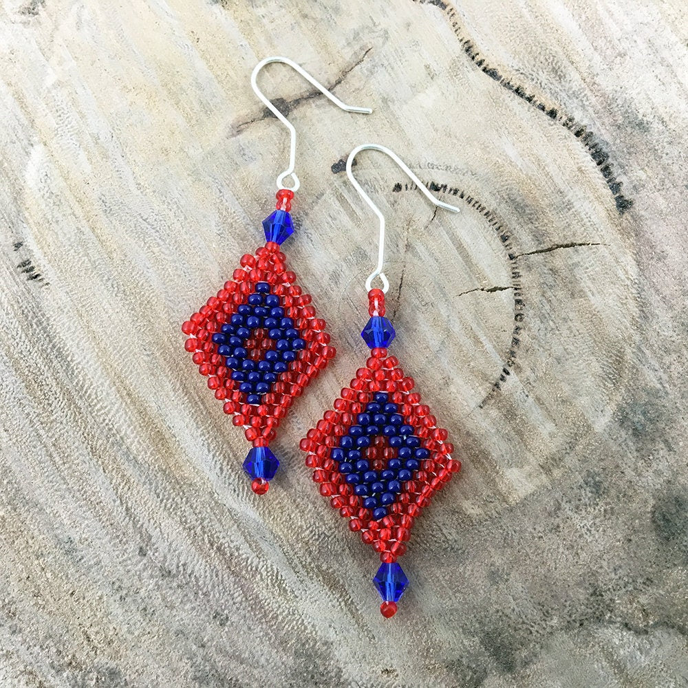 Beaded dangle earrings in red, blue and yellow