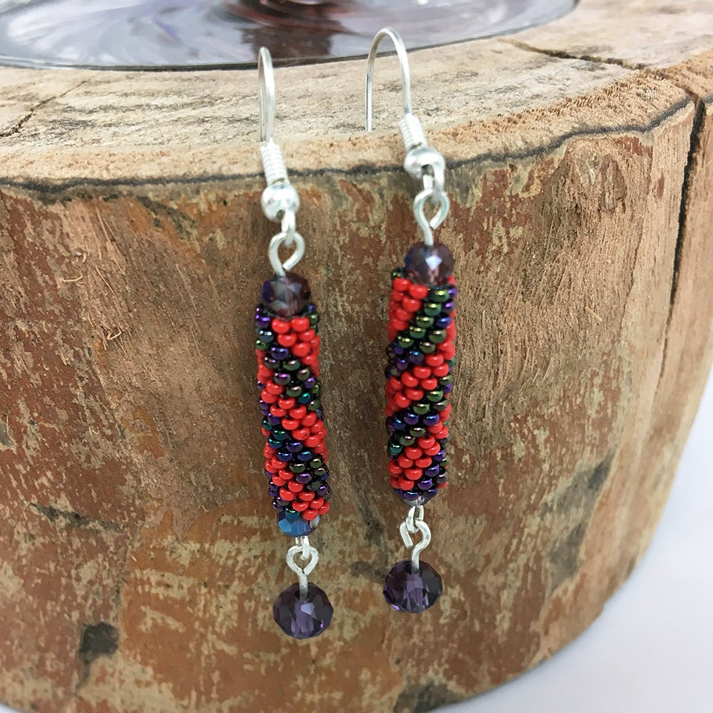 Beaded Striped Earrings - blue metallic, yellow, red, purple metallic