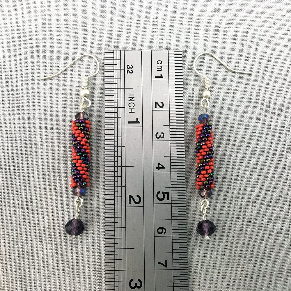 Beaded Striped Earrings - blue metallic, yellow, red, purple metallic