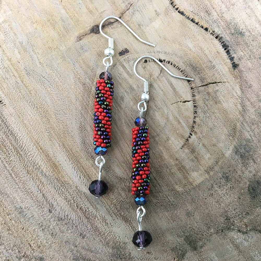 Beaded Striped Earrings - blue metallic, yellow, red, purple metallic