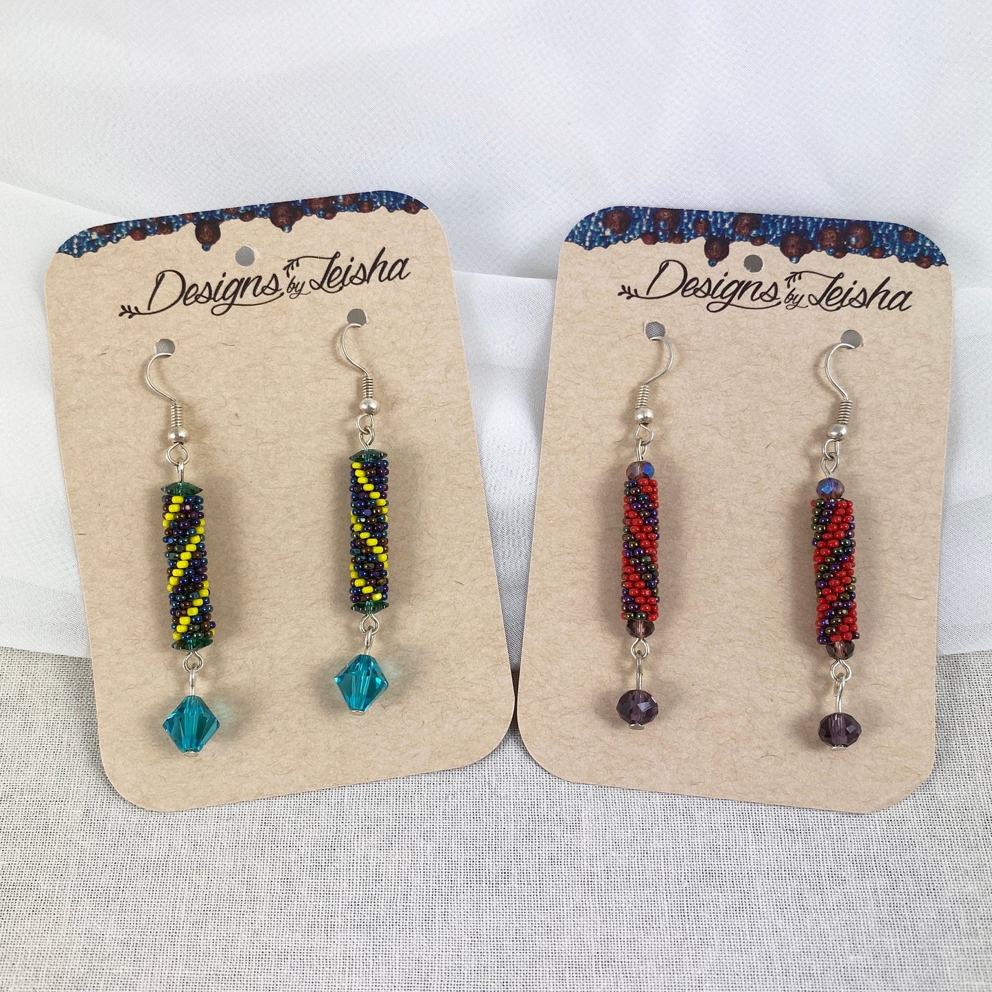 Beaded Striped Earrings - blue metallic, yellow, red, purple metallic