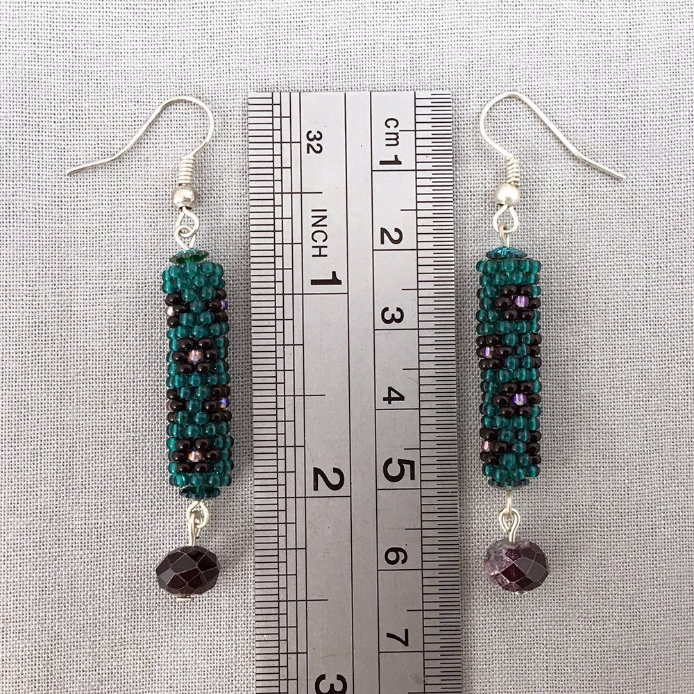 Beaded tube earrings with flowers - green, black, purple