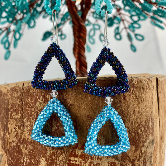 Blue Beaded Triangle Dangle Earrings