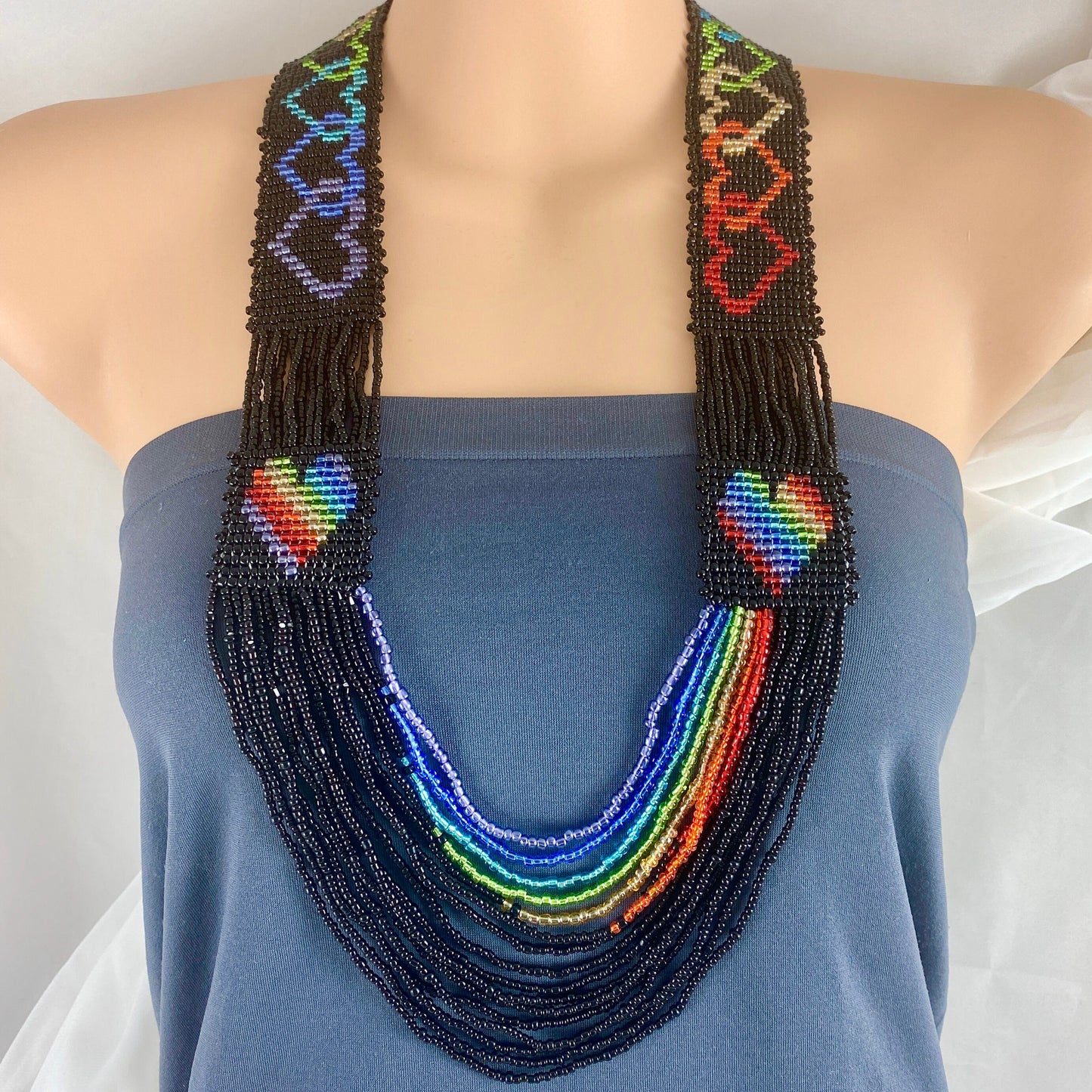 Rainbow and Black Beaded Heart Necklace