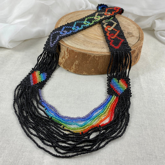 Rainbow and Black Beaded Heart Necklace