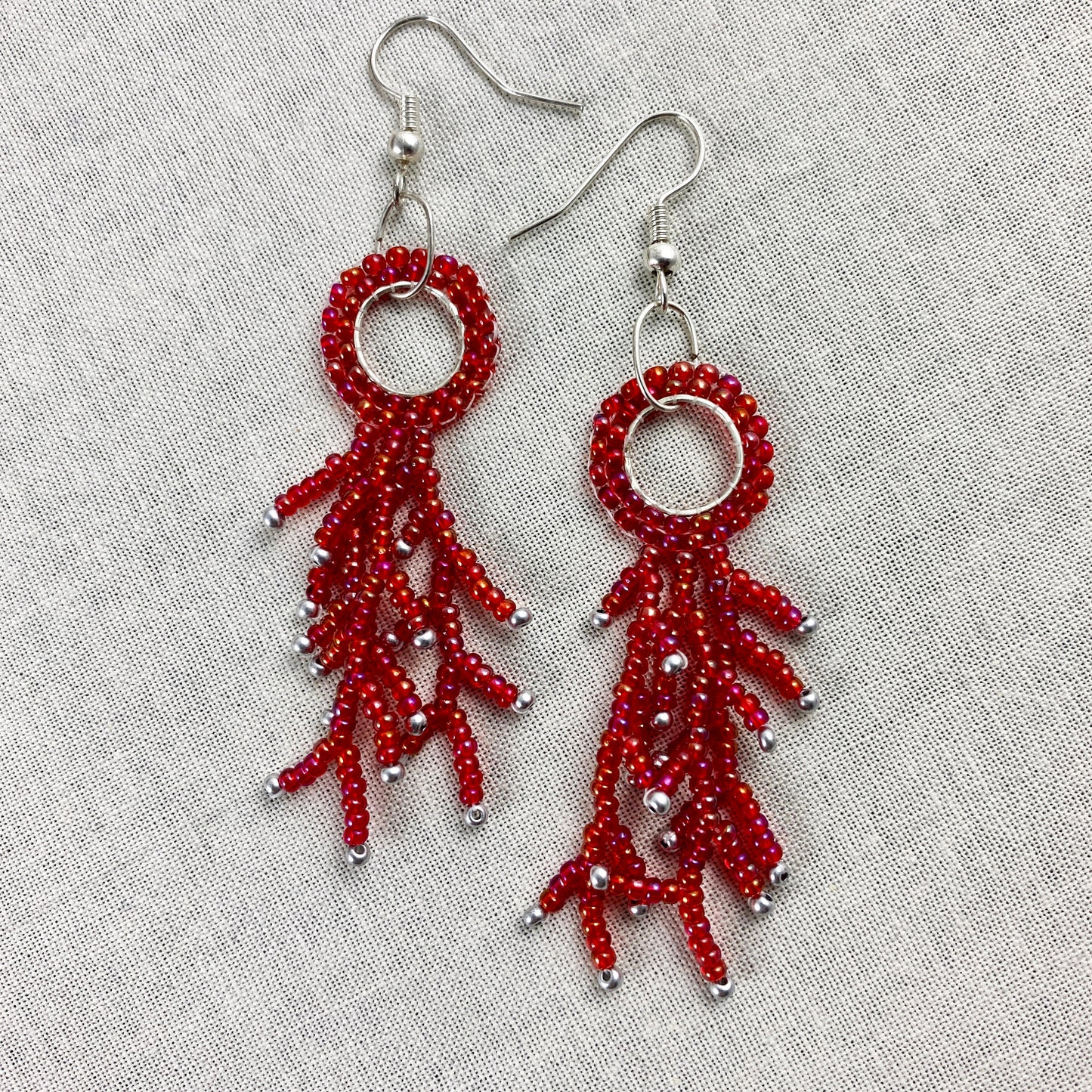 Red Beaded Fringe Dangle Earrings