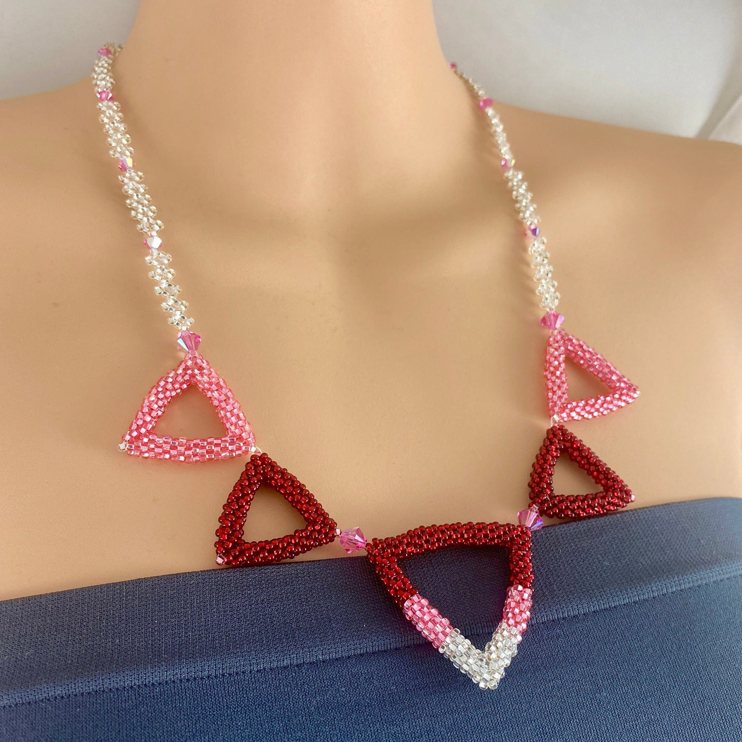 Pink and Red Beaded Triangle Necklace