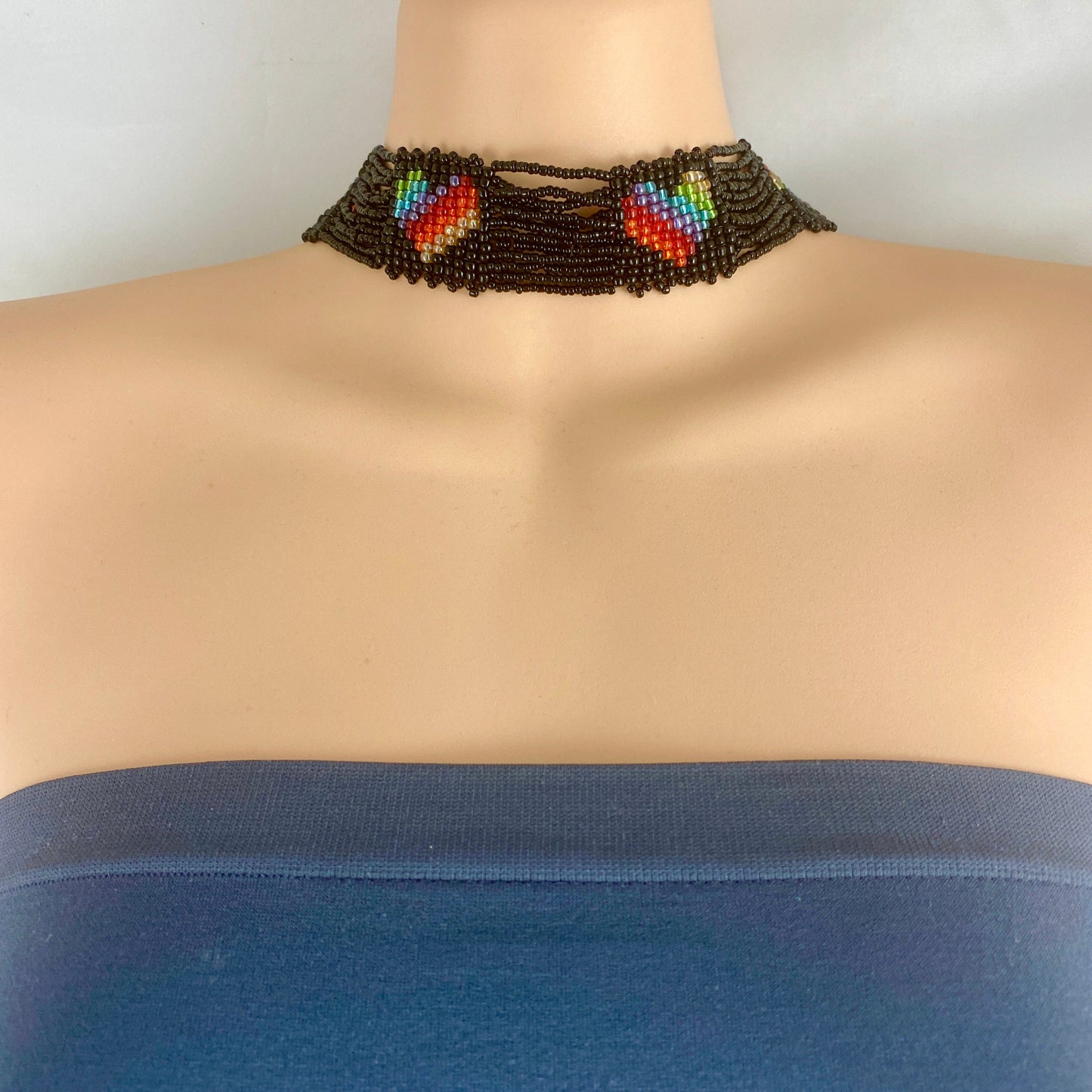 Black & Rainbow Heart Beaded Choker Necklace