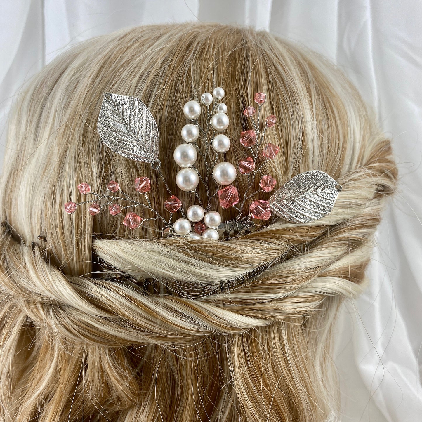 Crystal Beaded Hair Comb Accessory with Silver Leaves - pink, blue, red, green