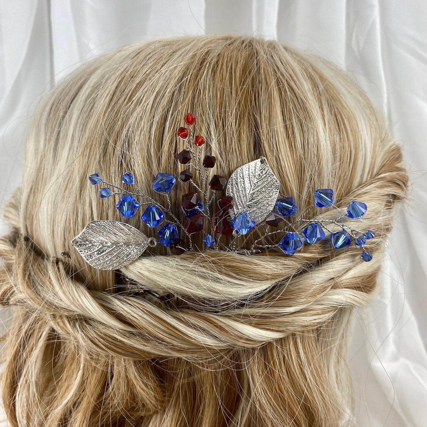 Crystal Beaded Hair Comb Accessory with Silver Leaves - pink, blue, red, green