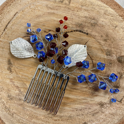 Crystal Beaded Hair Comb Accessory with Silver Leaves - pink, blue, red, green