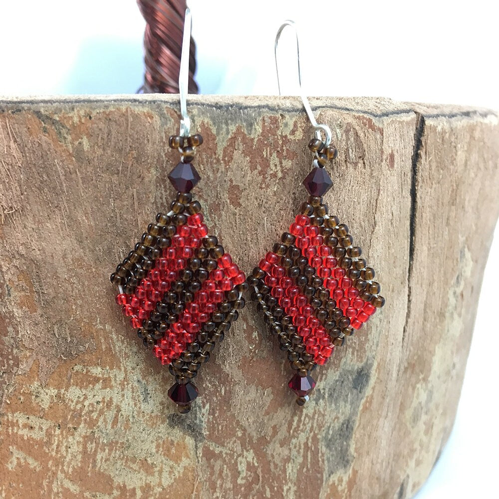 Diagonal Striped Diamond-Shaped Beaded Earrings - yellow, red and blue or brown and red