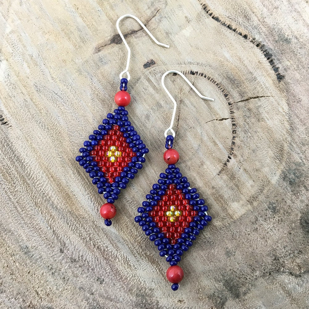 Beaded dangle earrings in red, blue and yellow