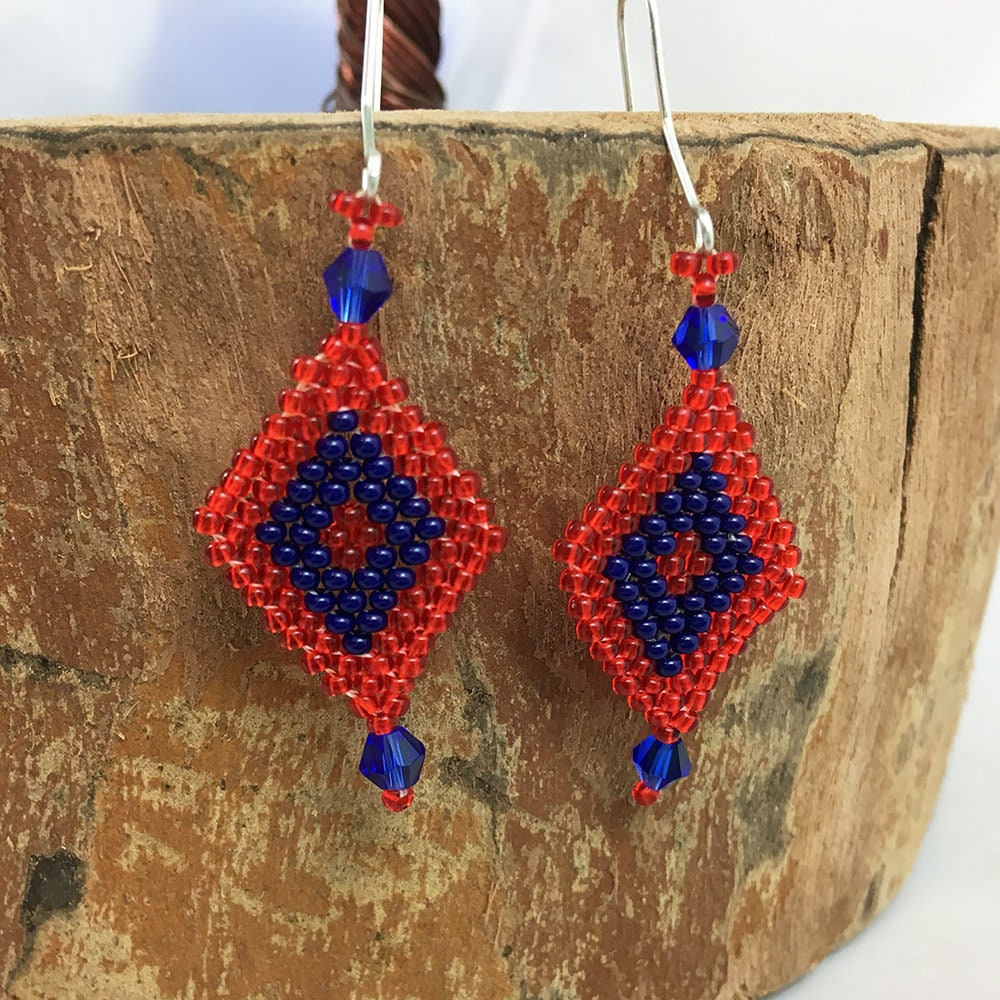 Beaded dangle earrings in red, blue and yellow