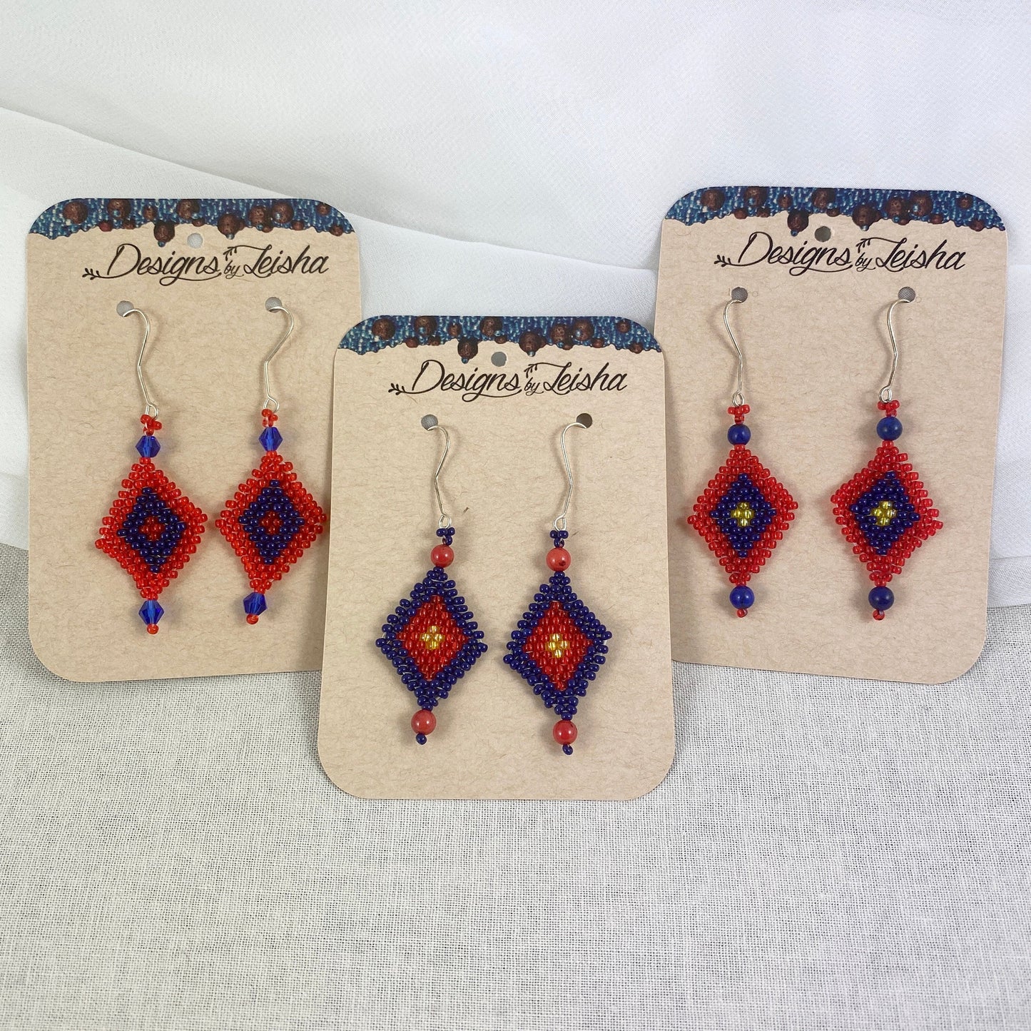 Beaded dangle earrings in red, blue and yellow