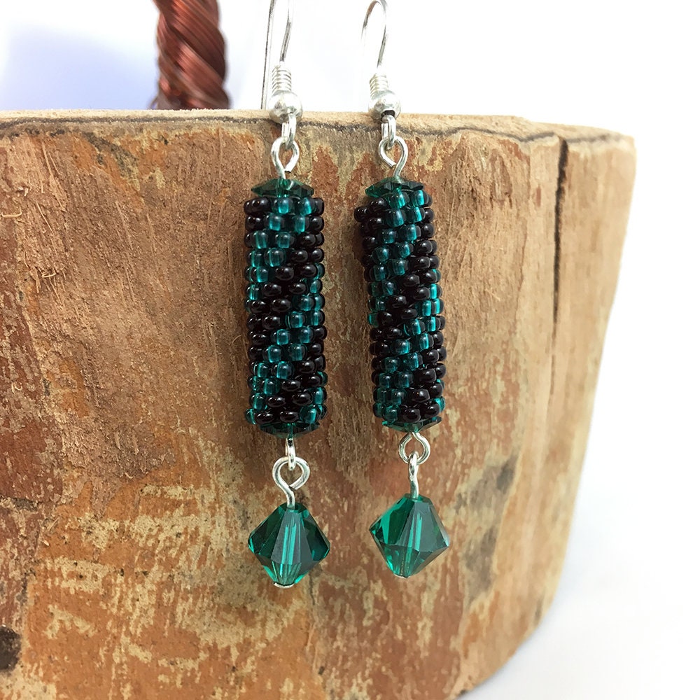 Beaded dangle earrings - diagonal stripes in green, brown, purple, black