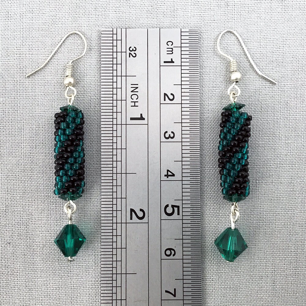 Beaded dangle earrings - diagonal stripes in green, brown, purple, black