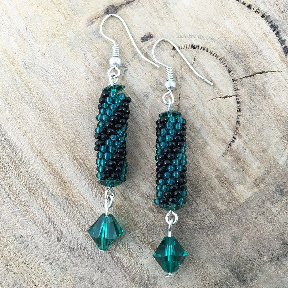 Beaded dangle earrings - diagonal stripes in green, brown, purple, black