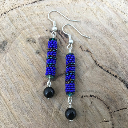 Beaded horizontal striped dangle earrings - blue metallic, turquoise, brown