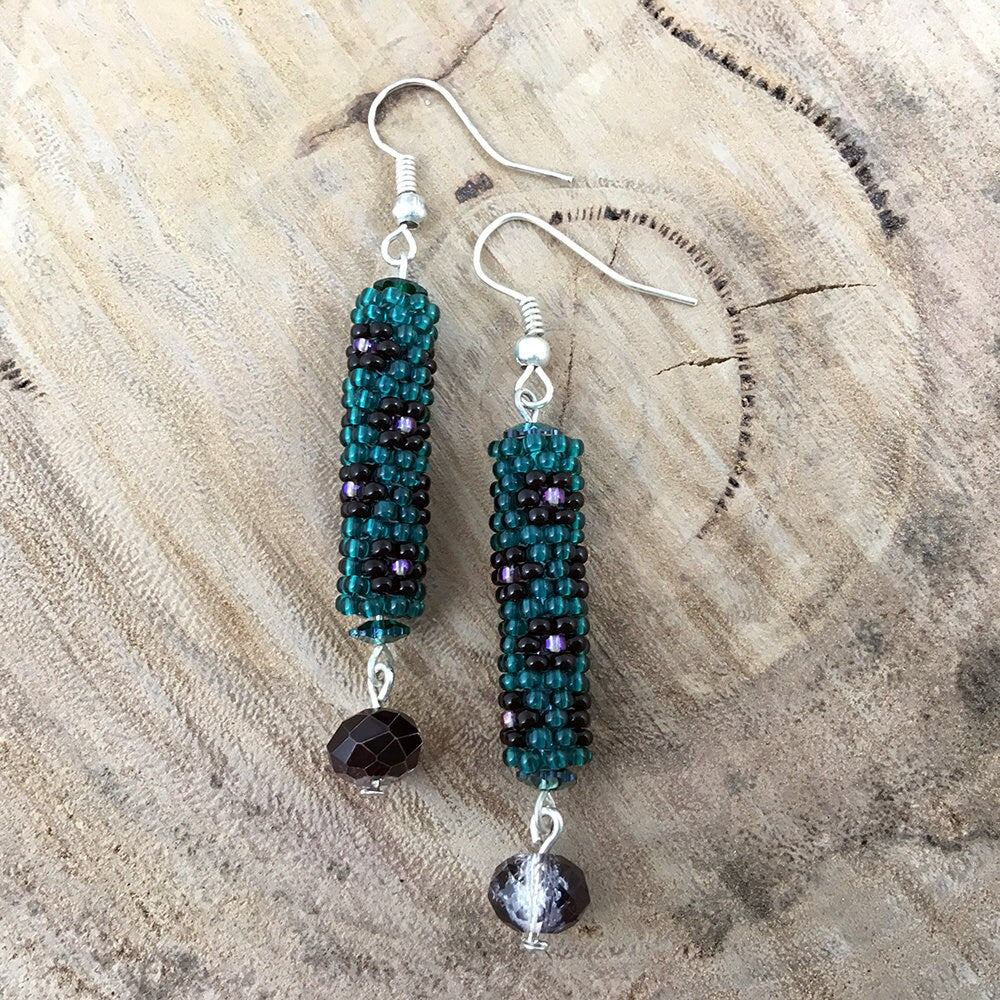 Beaded tube earrings with flowers - green, black, purple