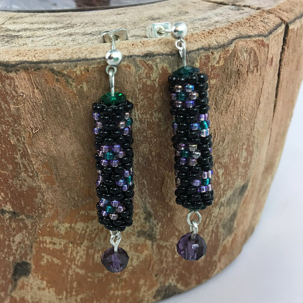 Beaded tube earrings with flowers - green, black, purple